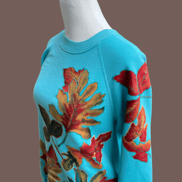 Hanes Crewneck Sweatshirt | Aqua Leaf Print | Size M | Vintage - Picture 2 of 5